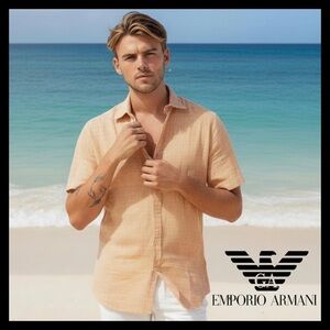 Emporio Armani Luxury Men's Cotton Linen Chambray SS Sport Shirt Size (Large)